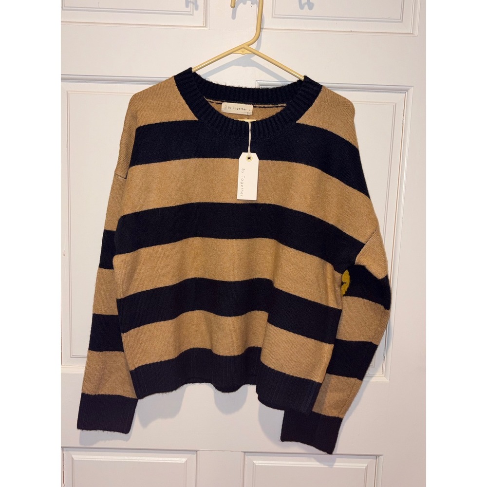 By Together Striped Crewneck Sweater Navy Camel Tan Large W1386-C NWT